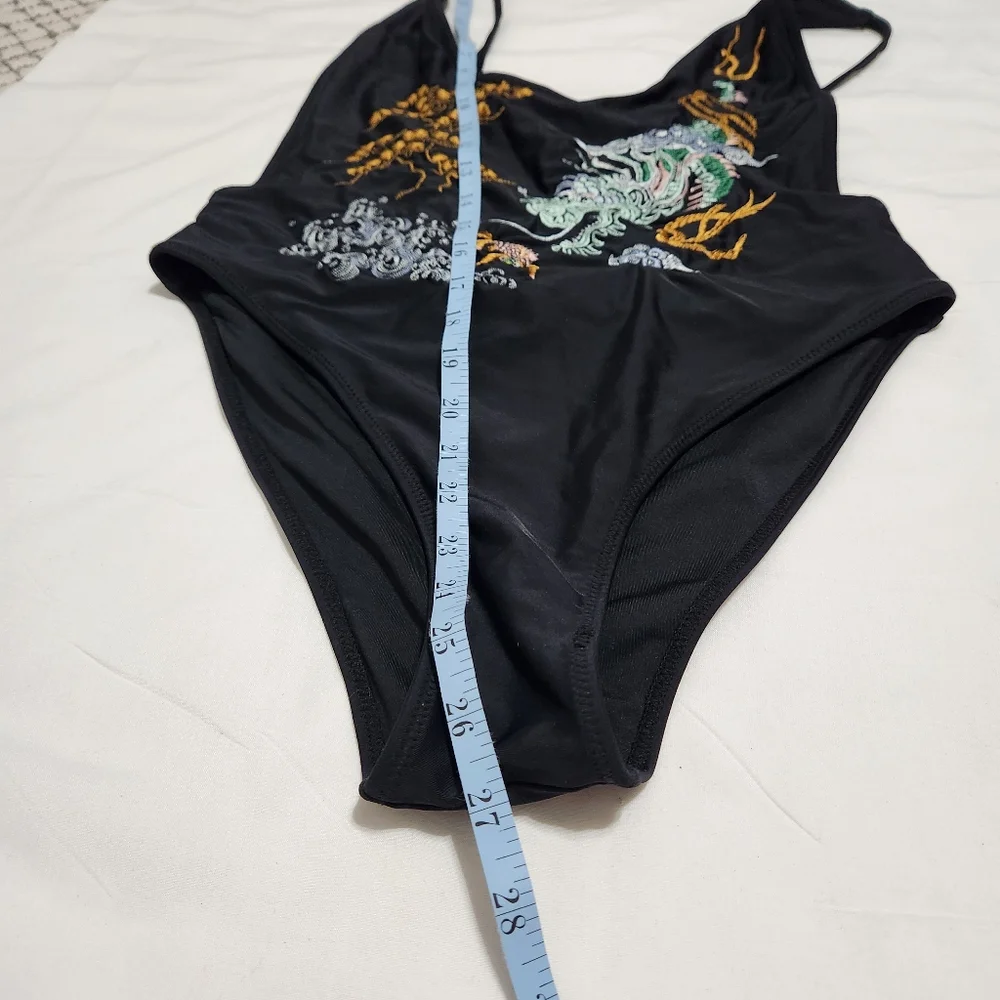 Nasty Gal Black Dragon Embroidered One Piece Swimsuit Asian Inspired M